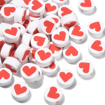 100шт 10 мм Полимерна Глина Плоски Кръгли Мъниста от Глинени Кръгли с Червено Сърце Мъниста Бяло Сърцето си за Любовта Глинени Мъниста за Бижута направи си САМ