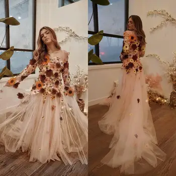 14666 #IENA Богемное сватбена рокля с ръчна бродерия, ботанически цвете рокля, Романтична сватбена рокля с открити рамене, Уникална сватбена рокля