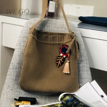 2023 Однотонная вълнена чанта-месинджър през рамо, женски студентски чанти, Корейската версия на ежедневието вязаной ръчно изработени чанти