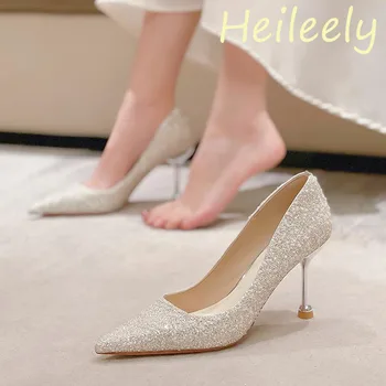 8 см, нови модни обувки-лодка на висок ток с кристални пайети и остри пръсти, сватбени женски обувки за булката 41, 42, 43