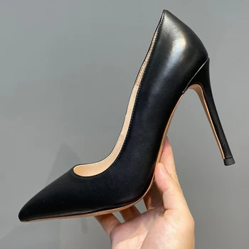 Demisezonnyj пикантен дамски обувки на висок ток от естествена кожа с малките си пръсти и острата му пръсти, дизайн в стила на партита, модни дамски обувки на много високи токчета
