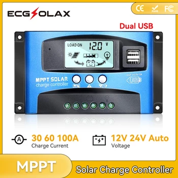 ECGSOLAX 100A 60A 30A MPPT Слънчев Контролер на заряд на Двоен LCD дисплей 5V USB 12V 24V Автоматичното Зарядно устройство слънчеви панели
