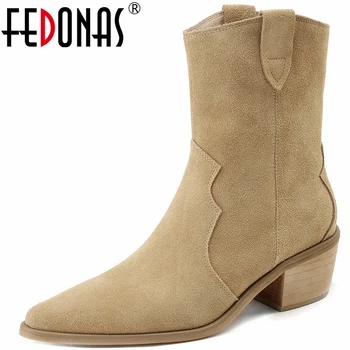 FEDONAS/ дамски къси ботуши в стил уестърн в ретро стил от волска кожа, велур, дамски обувки с остри пръсти, Офис женски работни ботильоны, есен-зима