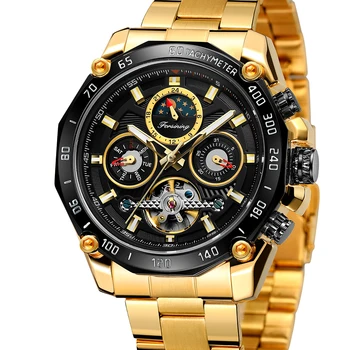 Forsining Черен корпус Циферблат фаза на Луната Каишка от неръждаема стомана Мъжки механични часовници Classic Tourbillon Автоматично мъжки ръчен часовник