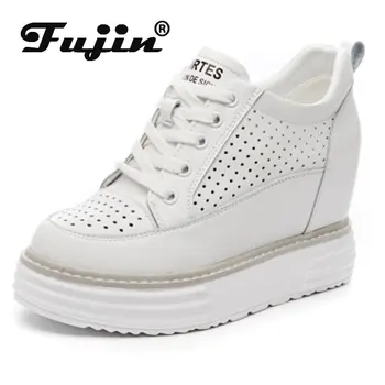 Fujin 8см Дамски Летни Новости 2024, Модни Маратонки от бяла естествена кожа в масивна ток, Дишащи ежедневни обувки на платформа и танкетке