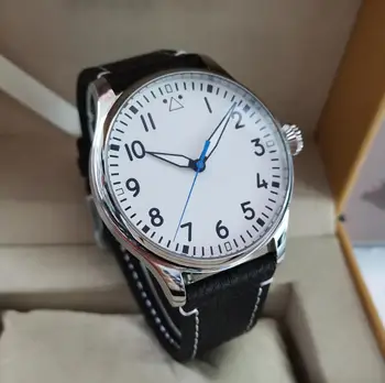 GEERVO Без лого 44 мм бял циферблат със стил Пилот прост стил Автоматично мъжки часовник Сапфир кристал Seagull ST2130 механизъм
