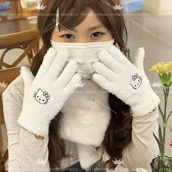 Kawaii Sanrioed Аниме Hello Kitty Плюшени Ръкавици Мультяшные Велосипедни Ръкавици На Полпальца Меки Дебели Топли Студентски Фестивални Подаръци За Момичета