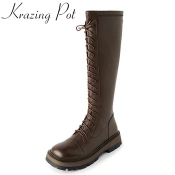 Krazing Pot/ Стрейчевые дълги ботуши от телешка кожа, с квадратни пръсти на среден ток, Модерен зимни обувки на платформа с появата на шнур, Високи ботуши до бедрата с цип