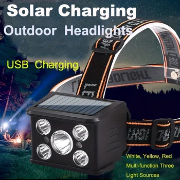 Led налобный фенер със соларна подзарядкой, супер ярък акумулаторна батерия, 5 режима, водоустойчив налобный лампа за къмпинг, туризъм, риболов