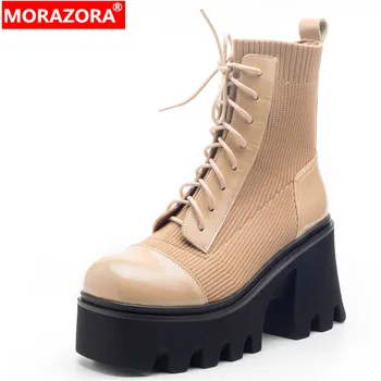 MORAZORA / 2023 Нови Зимни ботильоны дантела, Обувки на платформа на дебелите високи токчета, дамски обувки от естествена кожа