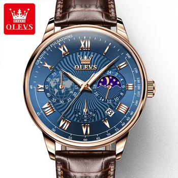 OLEVS 2893 Водоустойчив мъжки часовник с каишка от естествена кожа, ежедневни кварцови часовници за мъже, хронограф, календар, малка игла