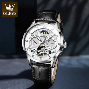 OLEVS 6652 Нов прием на мъжки часовници Business Skeleton Автоматични механични ръчни часовници от водоустойчива кожа с календар и дата