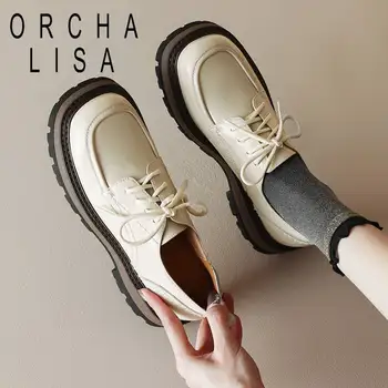 ORCHA LISA / Обувки От Естествена кожа, С Кръгли Пръсти На Дебелите Ток 4,5 см, дантела, със Смесена Подметка, Офис Дамски Обувки-лодки За Отдих, Голям Размер на 40 S4669
