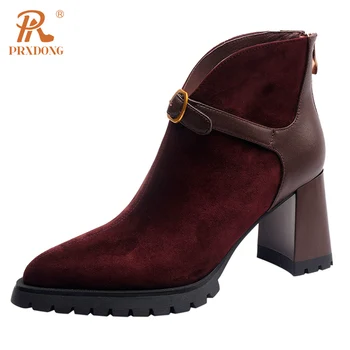 PRXDONG INS/ Есенно-зимни топли обувки от естествена кожа, дамски ботильоны на високо квадратен ток и платформа, черни модела обувки Bronw в ретро стил