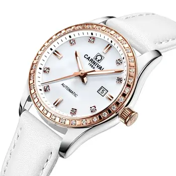 Switzerland Carnival Луксозна марка, Автоматични механични дамски часовник, Водоустойчив Диамант Сапфировая ... сияеща кожа C8685L-14