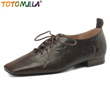 TOTOMELA 2024 / Нови обувки от естествена кожа на нисък ток с шнур, офис обувки с квадратни пръсти, черно-кафяви дамски обувки