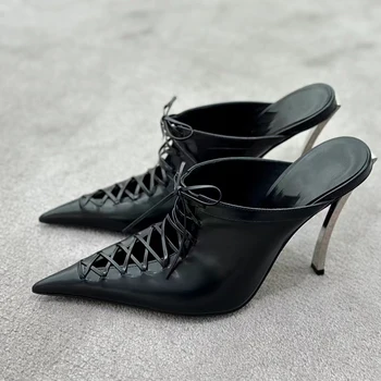 UVRCOS/ Модела обувки на много високи токчета В стил пънк, Сандали с остри пръсти, дантела, Джапанки с възел Butterlfy, Дамски обувки на тънък ток