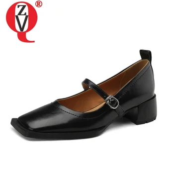 ZVQ, модни обувки-лодка с квадратни пръсти, лятна обувки без закопчалка, Дамски обувки от естествена кожа на среден ток с катарама отпред, пикантен дамски обувки модельная