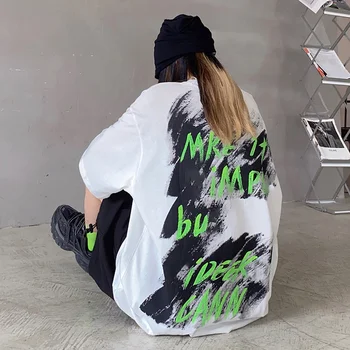 Бяла Дълга Свободна тениска Дамска Лятна Нов Дизайн Ins Модната Марка Губим Graffiti Print Oversize С Къс Ръкав на Горно Облекло