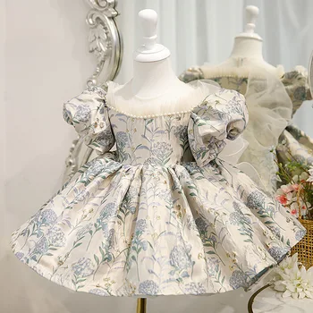 В испанския ретро-стил, нова връхни дрехи за малките момичета, жаккардовое принцеса рокля с ръкави-мехурчета, рокля-пакетче с лък на 1-ви рожден ден