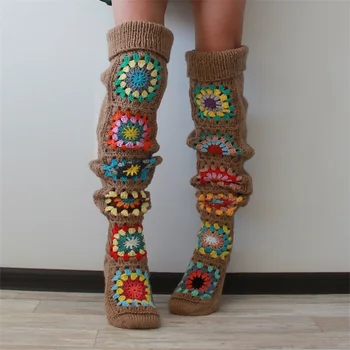 Дамски есенни и зимни чорапи с един размер, с цилиндрична форма възли чорапи с етнически цветя, чорапогащи над коляното, черно, каки