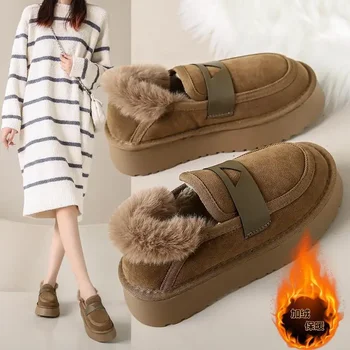 Дамски зимни ботуши Зима 2023, Нови памучни обувки на платформа с руното облицовка, изолирана усещат топли обувки