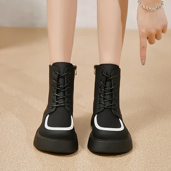 Дамски зимни модни обувки на равна подметка, дамски обувки на платформа с кръстосани шнур отпред, до средата на прасците, дамски нова ежедневни обувки