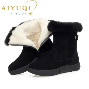 Дамски зимни обувки AIYUQI на меху, новост зимата 2023 г., дамски зимни обувки от естествена кожа, топли вълнени нескользящие дамски обувки