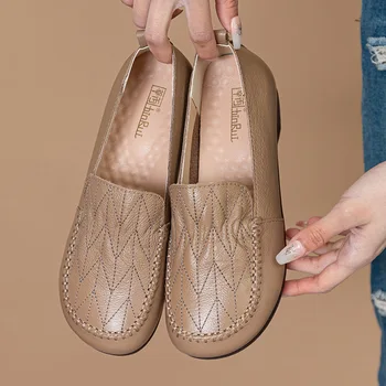 Дамски обувки Есен дамски обувки, Ежедневни обувки от мека естествена кожа с кръгла пръсти Есента рокля Бабини мокасини Comf