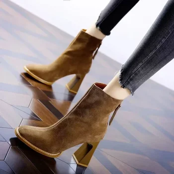 Дамски обувки за продажба на 2023 г. Нови дамски ботуши с цип Зимните Модни обувки с квадратни пръсти на кратък бочкообразном висок ток Zapatos De Mujer