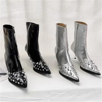 Дамски обувки с кристали, с остри пръсти, на високи токчета, със странични ципове, Женски ботуши на висок ток, за шиене, с кристали, Zapatos Mujer