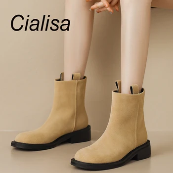 Дамски полусапожки Cialisa в лаконичном стил с кръгла пръсти 2023, есенно-зимна ръчно изработени обувки за всеки ден, женски ботильоны черно кайсиев цвят на среден ток