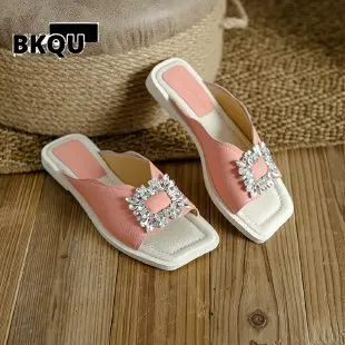 Дамски чехли BKQU 2023, прозрачни обувки на висок ток, секси квадратен чорап, модерни сватбени обувки с кристали и папийонка, дамски чехли