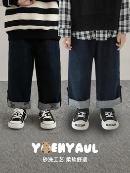 Детски дънки с прави штанинами с принтом, есенен тренд на Нови ежедневни панталони с контрастни джобове за момчета