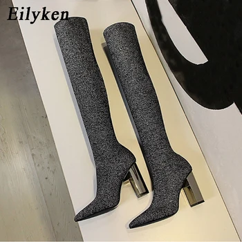 Дизайнер Eilyken, Вязаный чорап от еластична тъкан, Дълги ботуши над коляното, пикантни Женски обувки с остър пръсти на висок ток до бедрата, обувки
