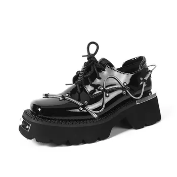Дизайнерски дамски обувки-дерби, дамски кожени модела обувки-лодка в дебела подметка, 4 см. масивен ток, платформа дантела, маратонки Zapatos Mujer