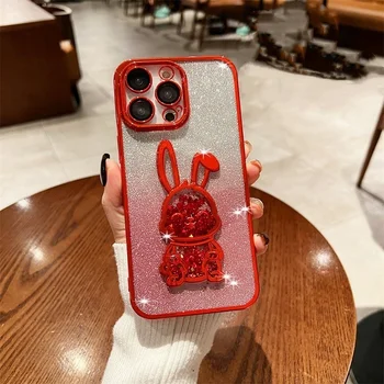 Калъф Сладко Quicksand Rabbit Case за iPhone 11 12 13 Pro Max 14 Plus с градиентным златно покритие със защита Мек калъф за фотоапарат