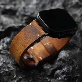 Кафява каишка ръчно изработени от кожата на Бизон, Адаптирани към Apple Watch Ultra 2 44 мм 45 Мм на 49 мм, За S9, Дебели Мъжка гривна в Ретро стил