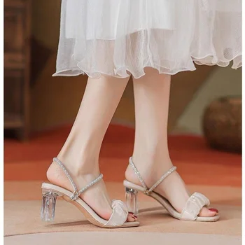 Класически дамски джапанки, ежедневни дамски обувки на висок квадратен ток, однотонная еластична лента, блестящи летни обувки с кристали, големи размери