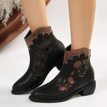 Класически дамски обувки в западен стил с бродерия, 2023, Зимни Дамски обувки в стил ретро С остри пръсти, Удобни Ботильоны с цип на среден ток