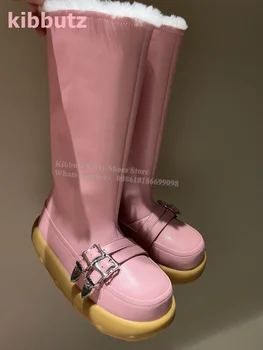 Кожени ботуши до коляното, тока за колан, платформа, естествена кожа, през цялата чорап, който увеличава растежа, без закопчалка, Смесен цвят, розово, Дизайнерска мода