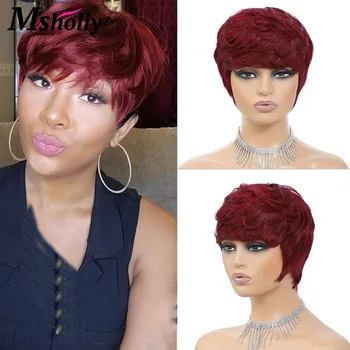 Кратък път елф с бретон, Бразилски човешки перуки червен цвят, вълнообразни Малайзия перука от бесклеевых коса Remy за жени