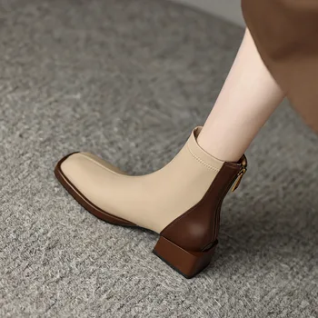 Къси дамски ботуши в стил ретро, малки модни квадратни обувки с дебел ток, тънки еластични ботуши-скинни в тон.
