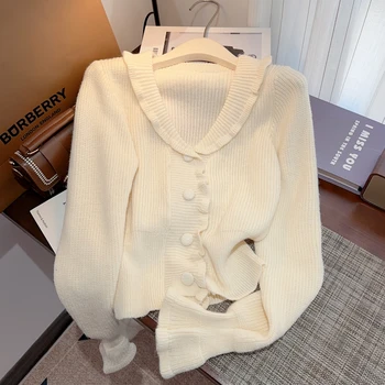 Луксозен бял кратък пуловер с V-образно деколте за жени, тънък елегантен трикотаж, есенно-пролетния однобортный жилетка-топ