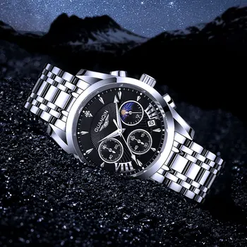 Луксозни кварцов мъжки часовник GUANQIN от неръждаема стомана, фаза на Луната, водоустойчив сапфировые часовници за мъже с сверлильным светящимся хронограф