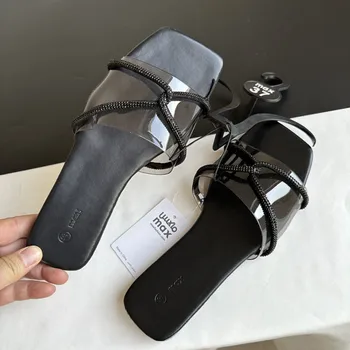 Лято 2023, Нови дамски чехли, Модерни ежедневни сандали с кристали, дамски чехли на равна подметка, чехли, дамски обувки
