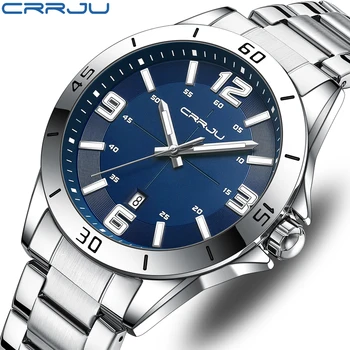 Модерен нов мъжки часовник CRRJU, луксозни ръчни часовници от кварцова неръждаема стомана с датата, бизнес и ежедневни часовници