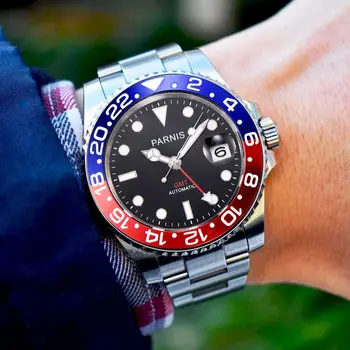 Модни Parnis 40 мм Сребърен Корпус Механичен Автоматичен Мъжки часовник GMT Сапфирен Кристал Мъжки Водоустойчив Часовник Relogio Masculino