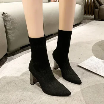Модни дамски ботильоны с остри пръсти, есен-зима 2023, нови окото дишащи дамски обувки с пръсти, черни елегантен модел обувки