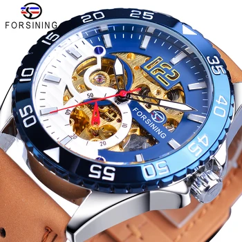 Модни Уникални мъжки часовници марка Forsining с автоматично творчески наполовина синьо-бял кухи циферблат от естествена кожа, механични часовници Relojes